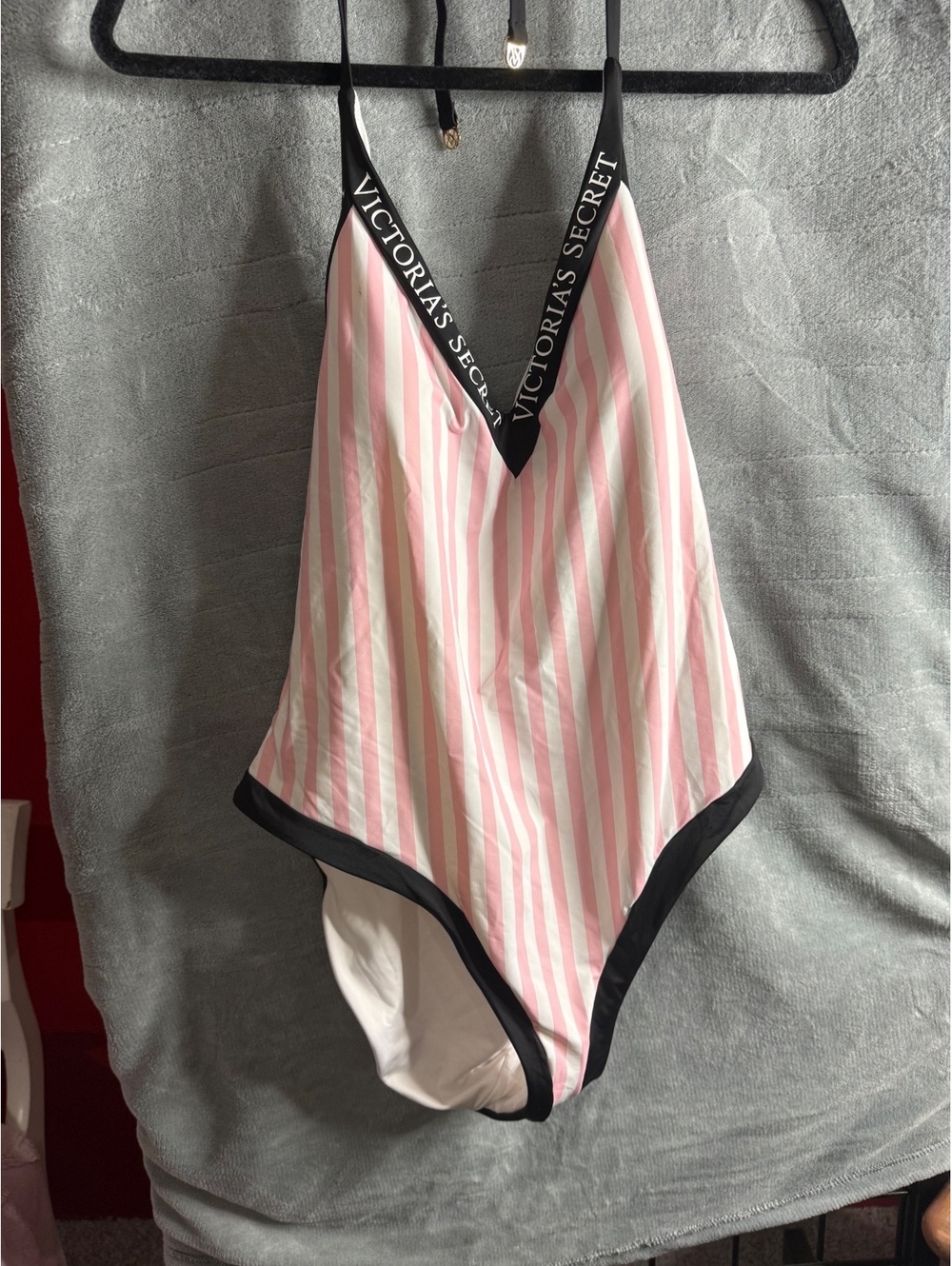 Victoria's Secret Pink and White Striped One-Piece Swimsuit with Logo Straps, XL